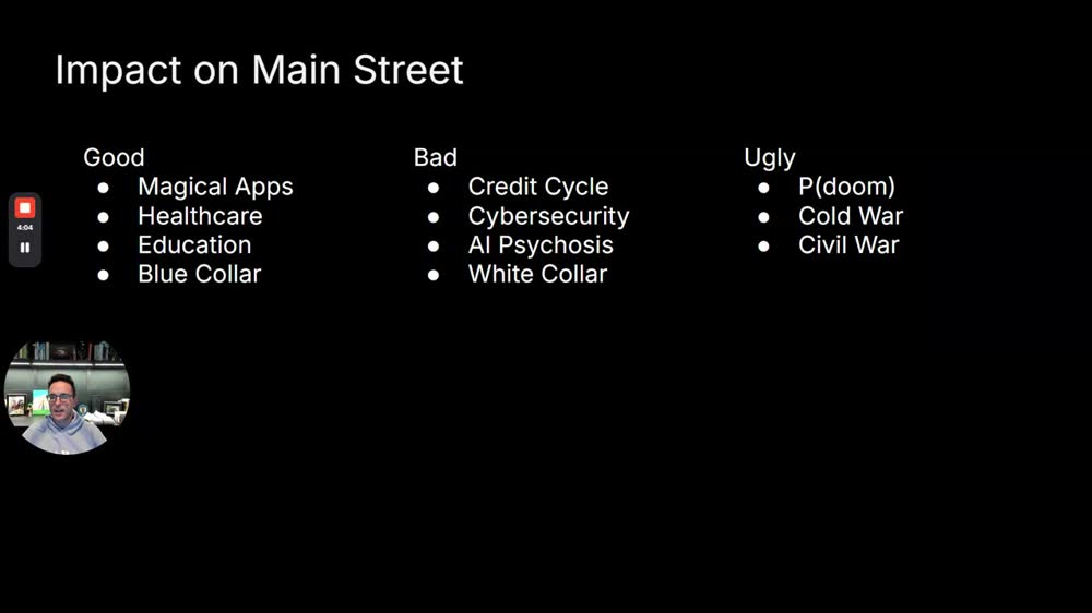 Slide "Impact on Main Street" (4:00): good, bad and ugly effects of AI.