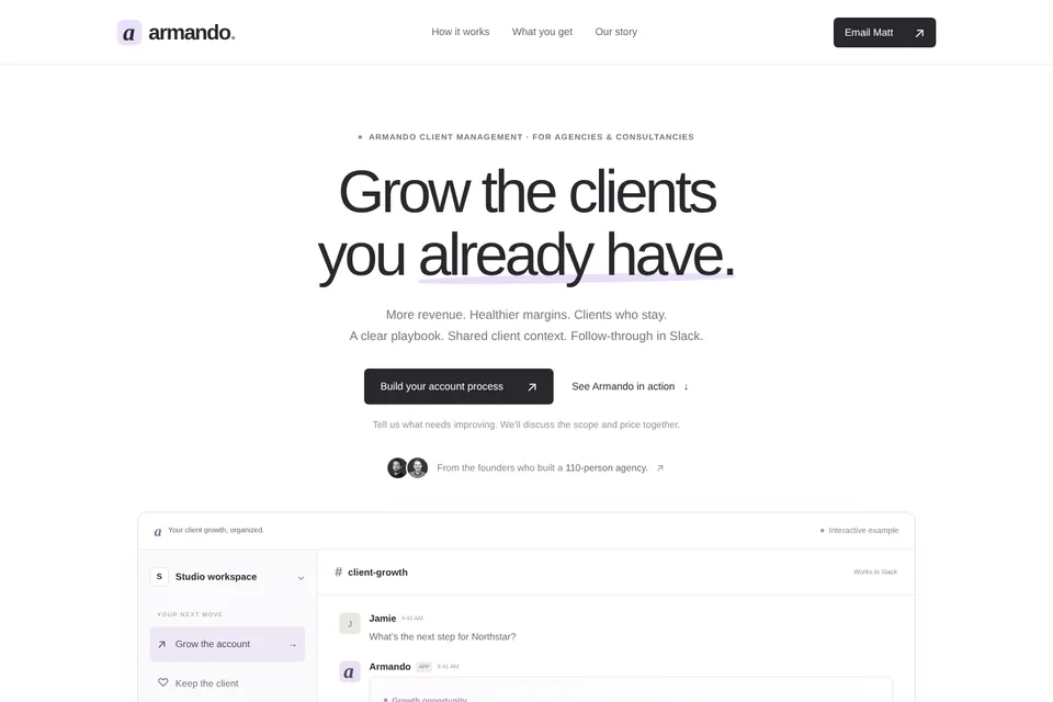 Armando landing page — grow the clients you already have, with a client-growth playbook and follow-through in Slack
