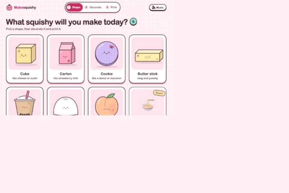 MakeSquishy app — pick a shape like cube, carton or cookie, then decorate and print your own paper squishy