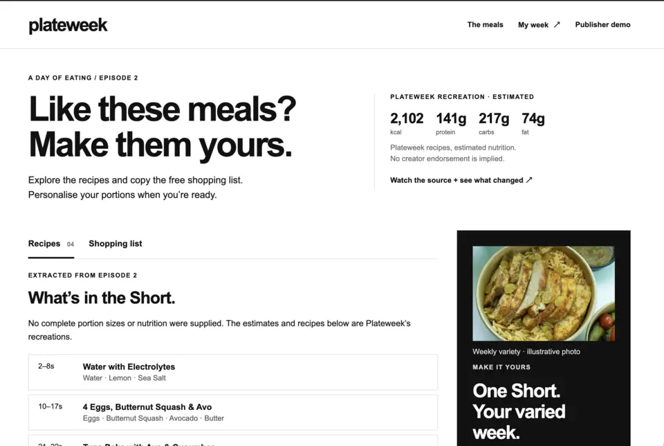 PlateWeek app — recreated weekly meal plan with recipes and shopping list extracted from a cooking video