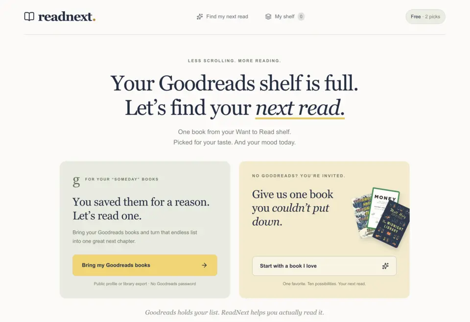 ReadNext app — pick your next book from your Goodreads want-to-read shelf