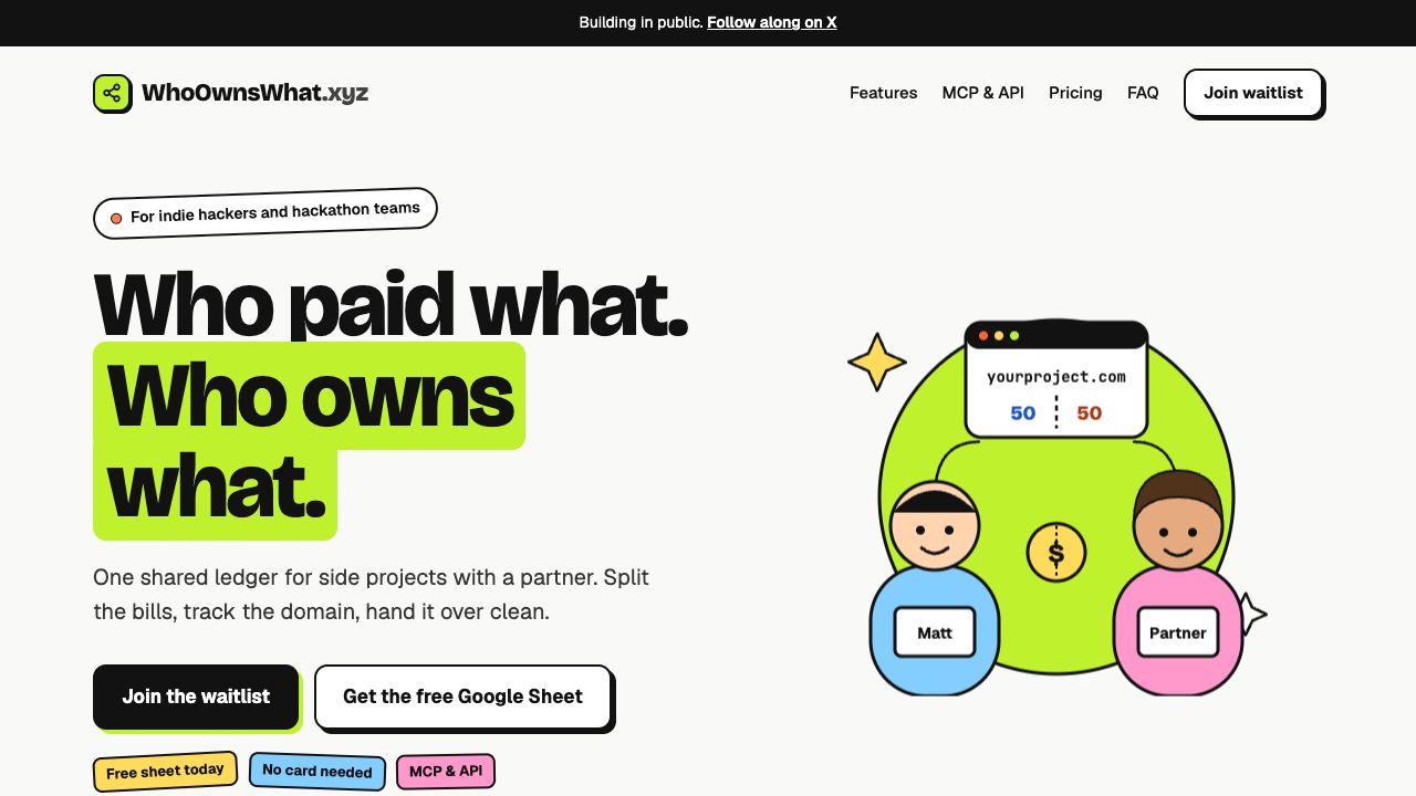WhoOwnsWhat.xyz website — a shared ledger for project costs and ownership
