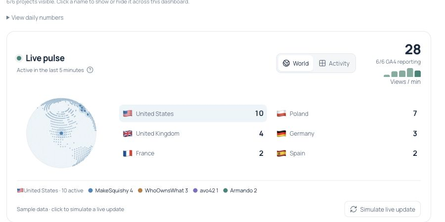 Plotwake dashboard demo with explicitly synthetic traffic figures across web projects
